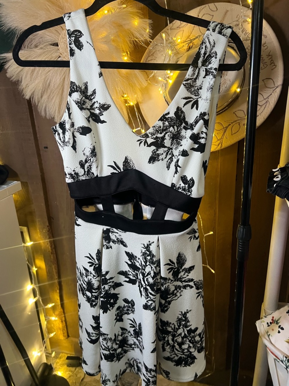 Crystal Doll Black & White Floral Cutout Mini Dress